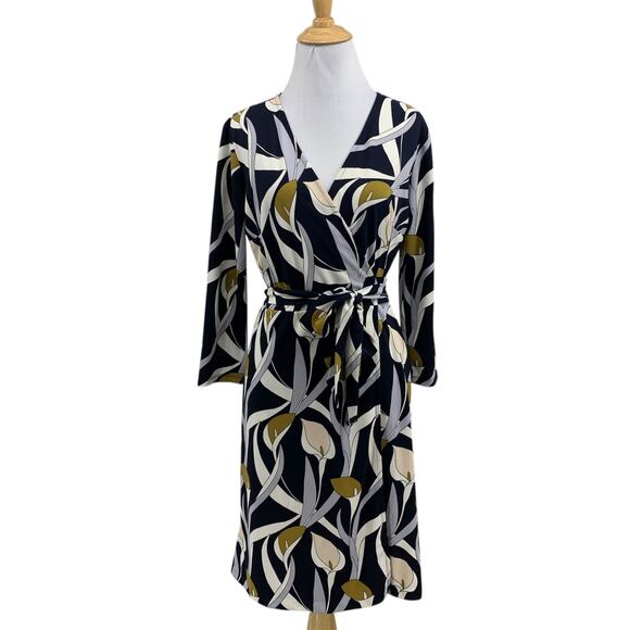 Ann Taylor Dress Womens 4 Multi Floral Print 3/4 Sleeve Wrap Tie Waist Jersey - Picture 1 of 12